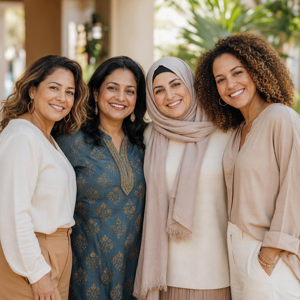 Four diverse midlife women standing together in warm morning light