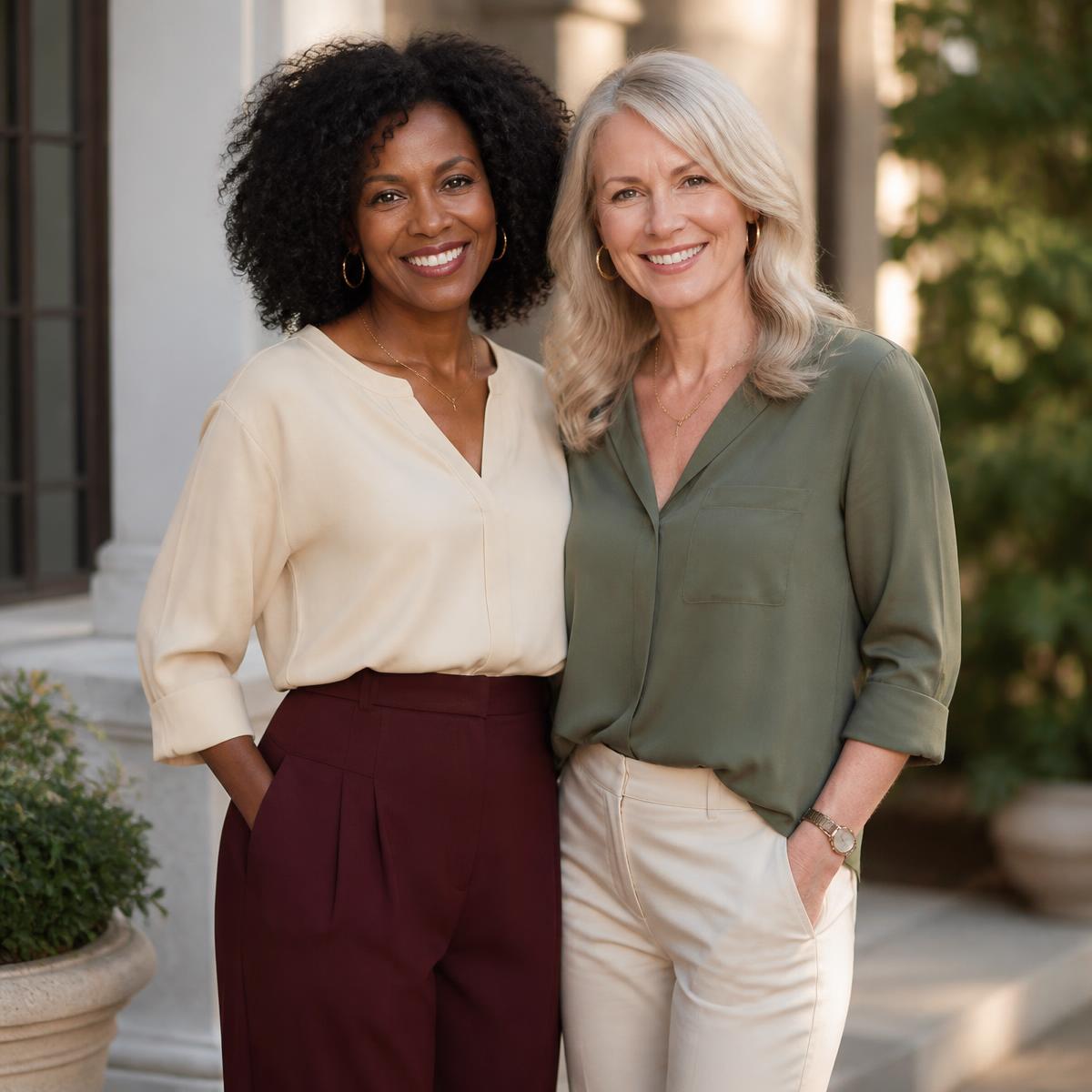 An African American woman and a Caucasian woman, both in midlife, standing together in warm morning light